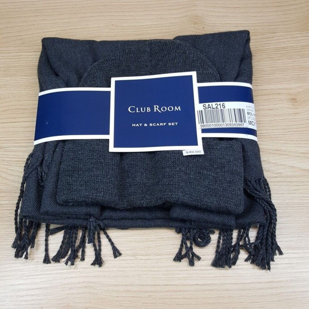 CLUB ROOM Mens Scarf Beanie Hat Set Charcoal Grey Fringe Rectangle